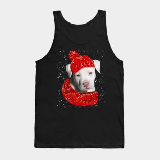 Staffordshire Bull Terrier Wearing Red Hat And Scarf In Snow Tank Top